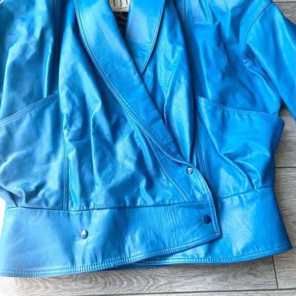 Vintage 80s BB Dakota Blue Leather Bomber Moto Jacket Made in Canada - Picture 6 of 16